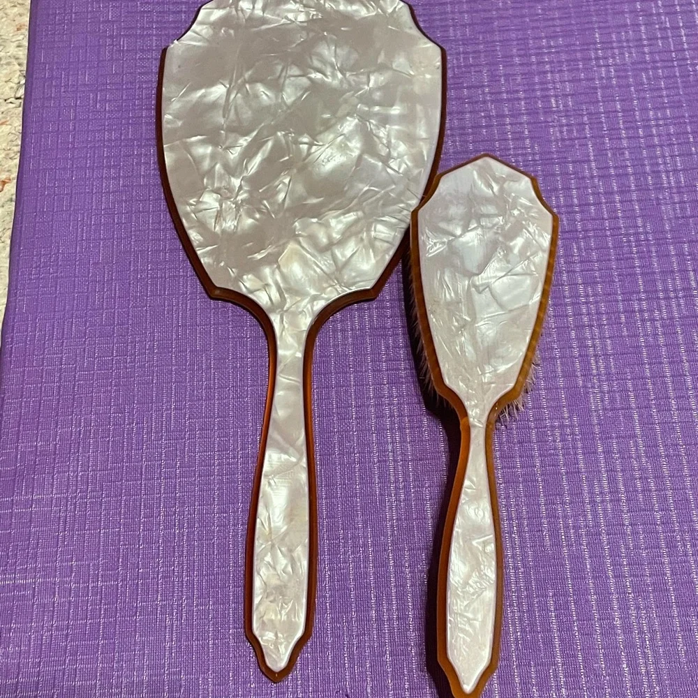Vintage Brown Hand Mirror and Brush Set